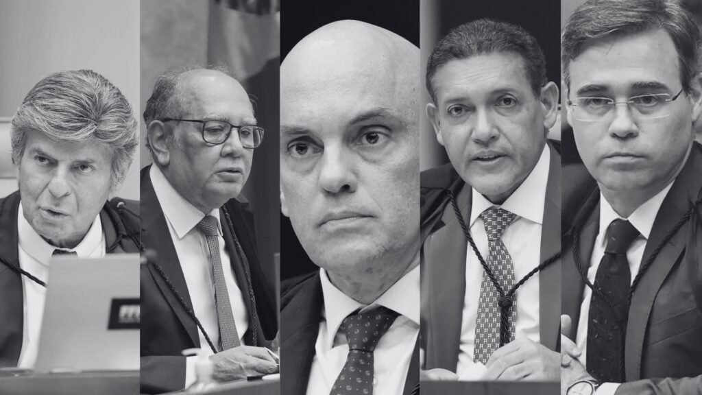 Impeachment do STF: quais os efeitos práticos? Colagem com os ministros do STF Luiz Fux, Gilmar Mendes, Alexandre de Moraes, Kássio Nunes e André Mendonça. Pressionados por impeachment.