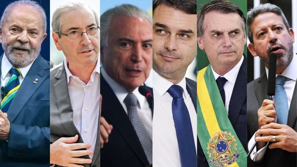 Colagem com Lula, Eduardo Cunha, Michel Temer, Flávio Bolsonaro, Jair Bolsonaro e Arthur Lira. Importantes articuladores da República.