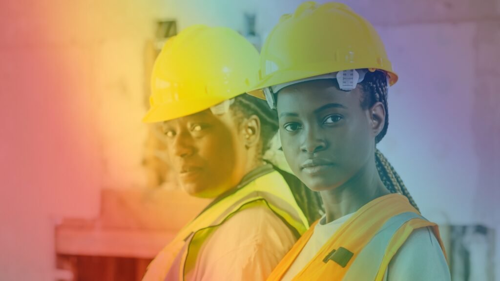 Por que o trabalhador precisa da comunidade LGBT mais do que pensa Ao centro, duas trabalhadores negras da construção civil olham de frente. Elas estão uniformizadas. As cores da bandeira LGBT aparecem suavemente sobre elas.