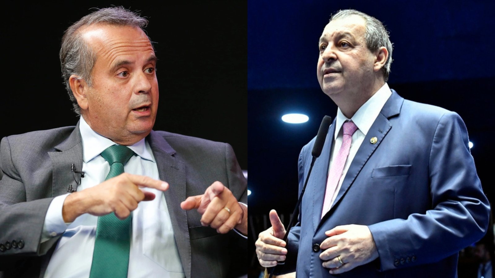 À esquerda, Rogério Marinho. À direita, Omar Aziz. Ambos são homens brancos, usam terno e estavam na CCJ do Senado.
